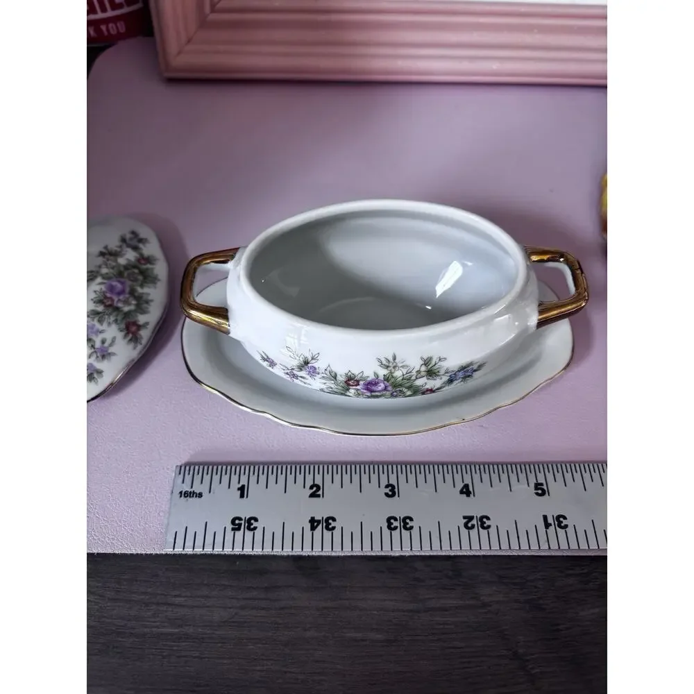Vtg Lefton China hand painted Sugar Bowl Lid & Attached Underplate Cottage